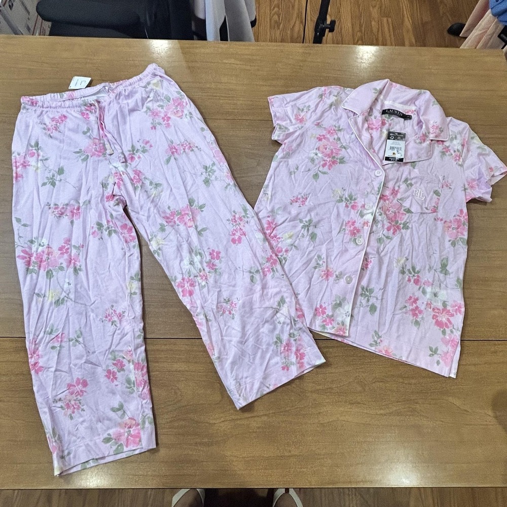 Lauren Ralph Lauren Pajama Set Womens PS Pink Floral Jersey Capri 2 Piece Lounge
